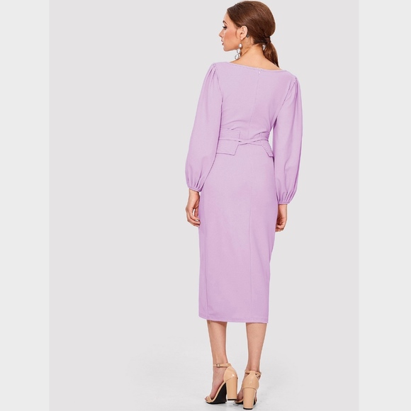 Lavender Bishop Sleeve Belted Midi Pencil Dress - Picture 4 of 7